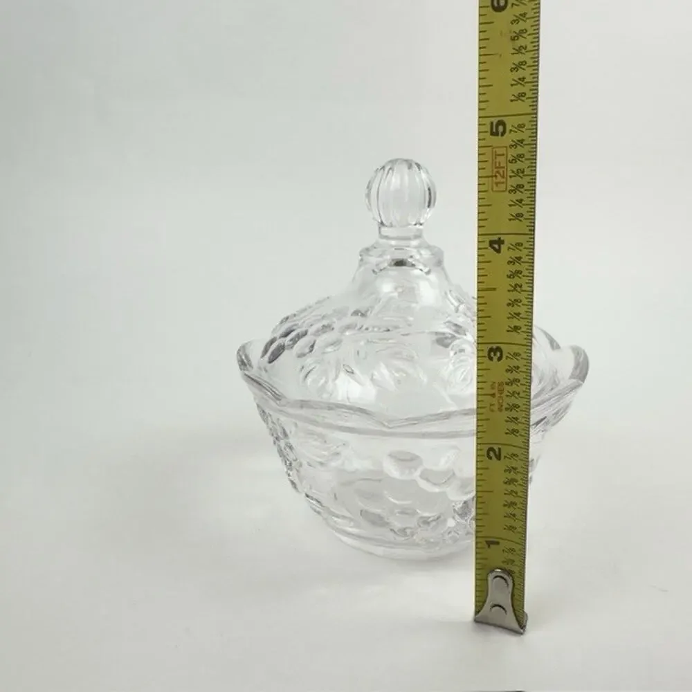Vintage Clear Glass Candy Dish and Lid w/ Grape Vine /Cherries/Flowers Motif